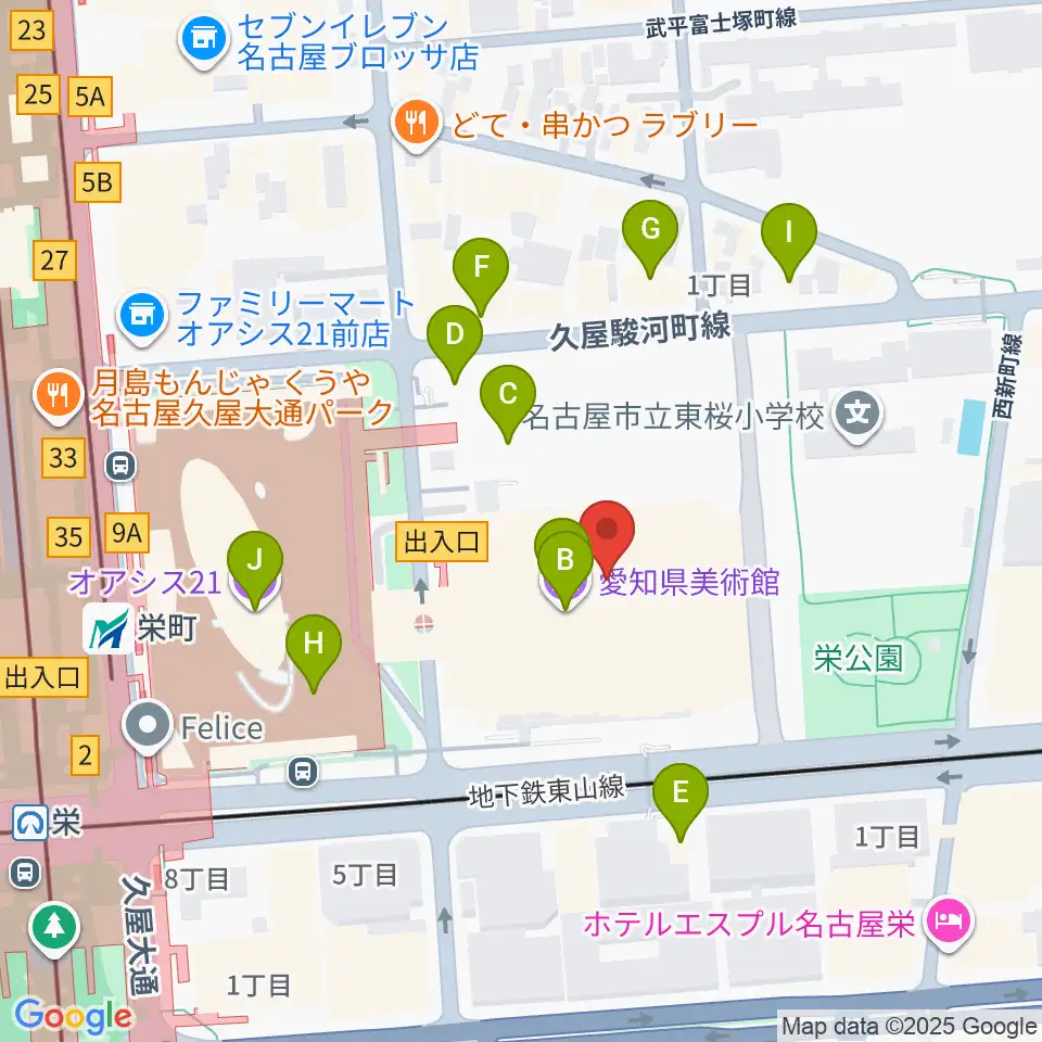 愛知県芸術劇場周辺のファミレス・ファーストフード一覧地図