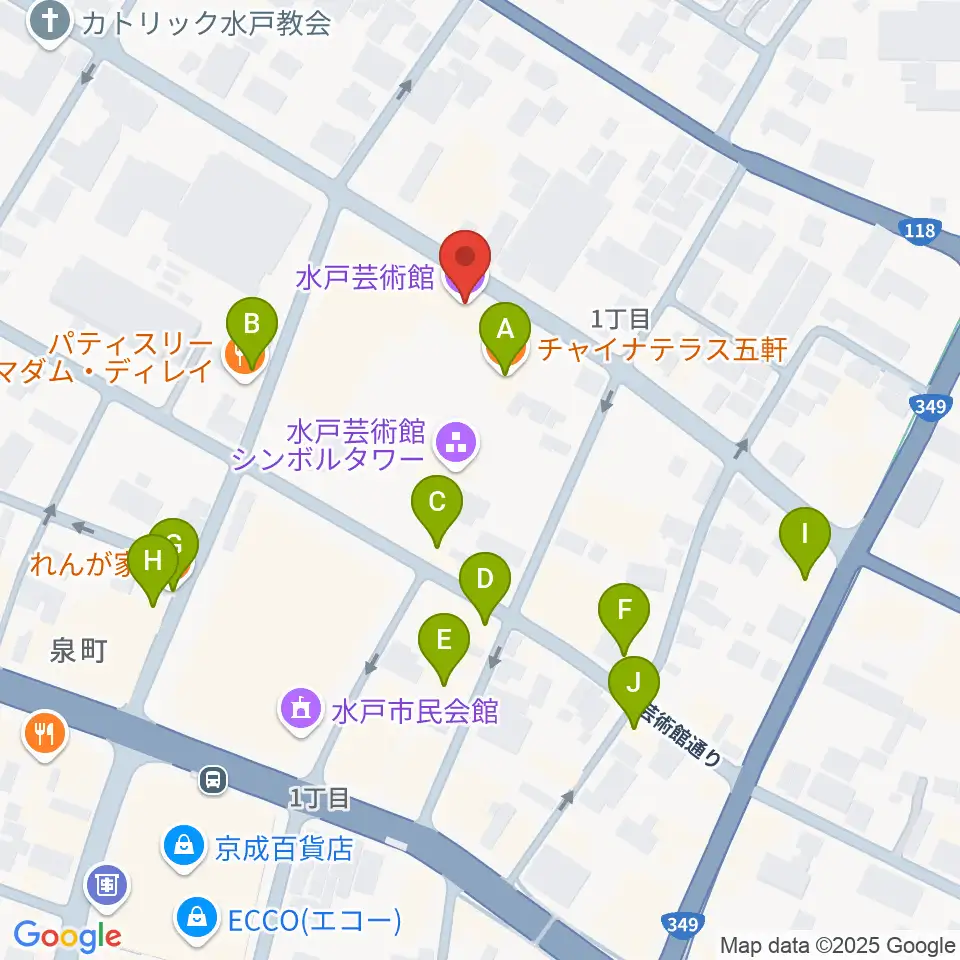 水戸芸術館周辺のファミレス・ファーストフード一覧地図