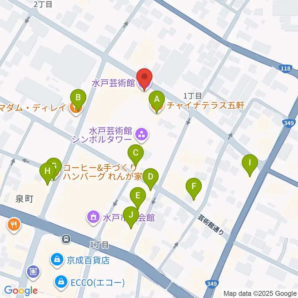 水戸芸術館周辺のファミレス・ファーストフード一覧地図