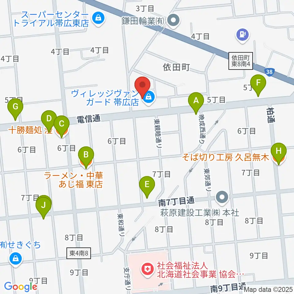 帯広メガストーン周辺のファミレス・ファーストフード一覧地図