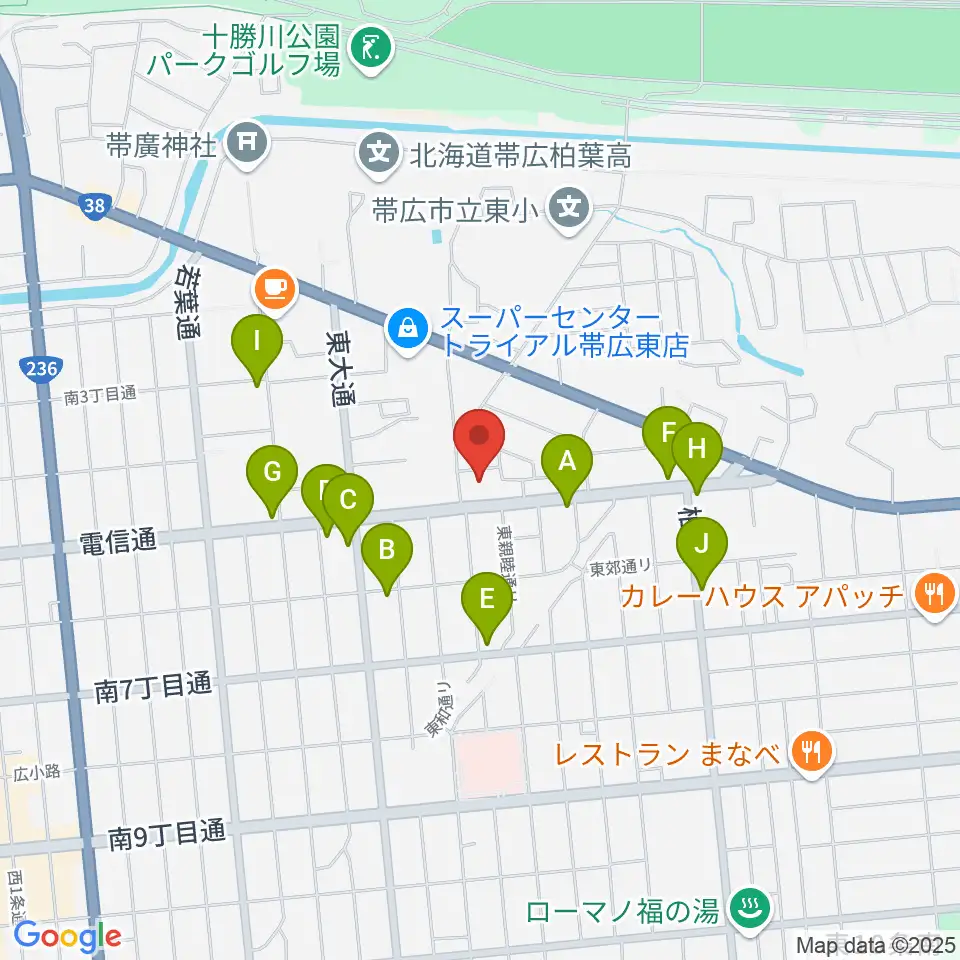帯広メガストーン周辺のファミレス・ファーストフード一覧地図