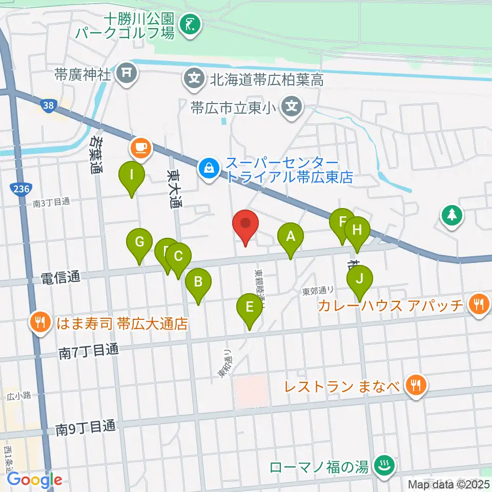 帯広メガストーン周辺のファミレス・ファーストフード一覧地図