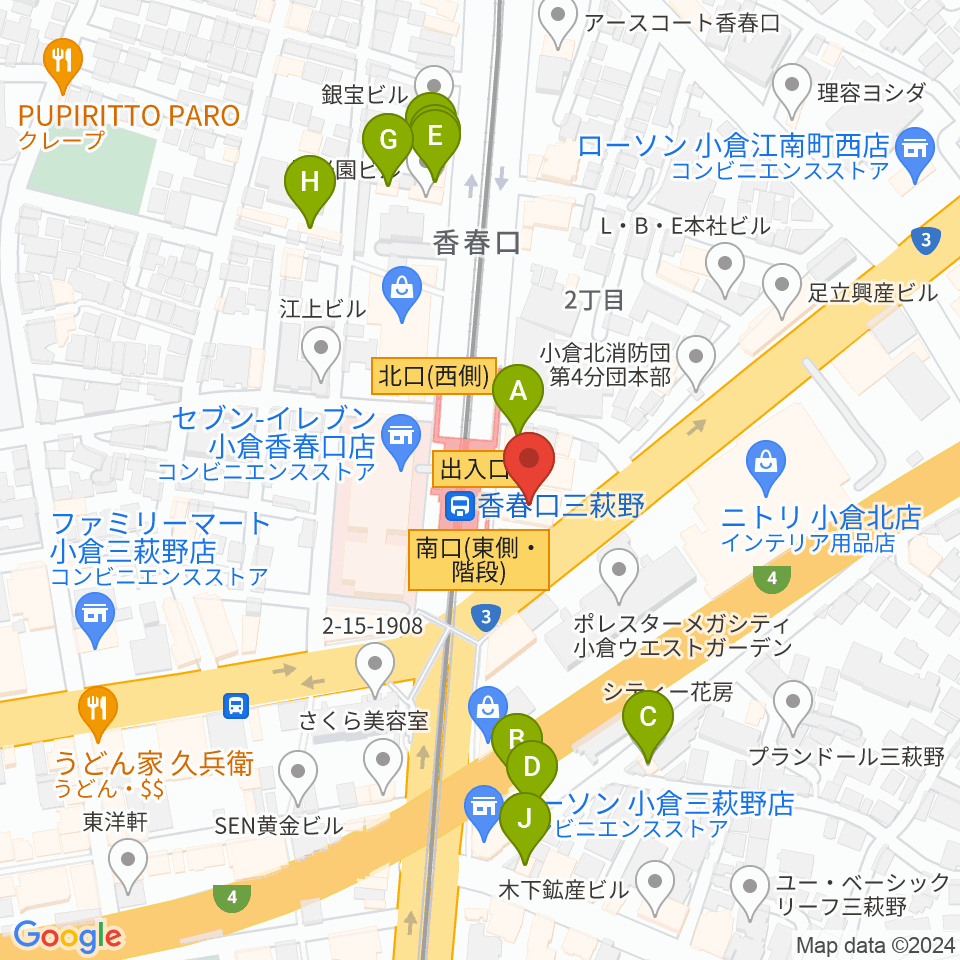 篠崎ミュージックアカデミー北九州校周辺のファミレス・ファーストフード一覧地図