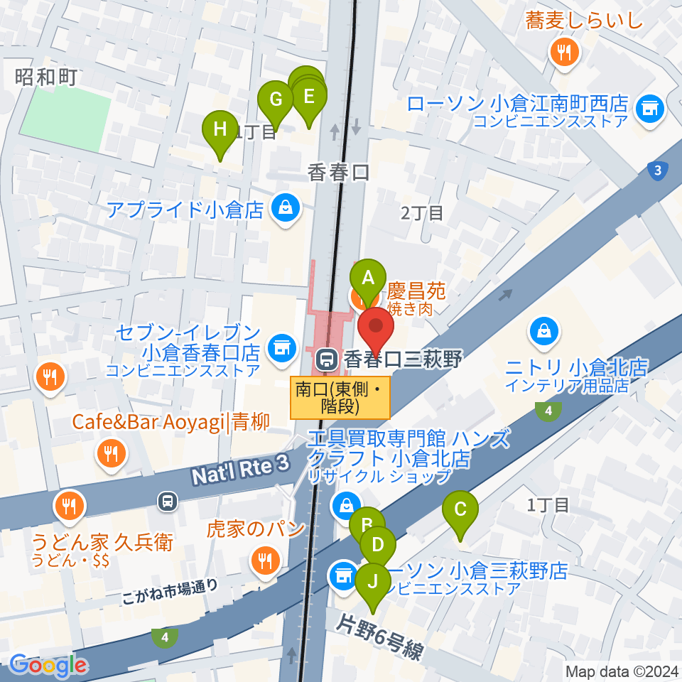 篠崎ミュージックアカデミー北九州校周辺のファミレス・ファーストフード一覧地図