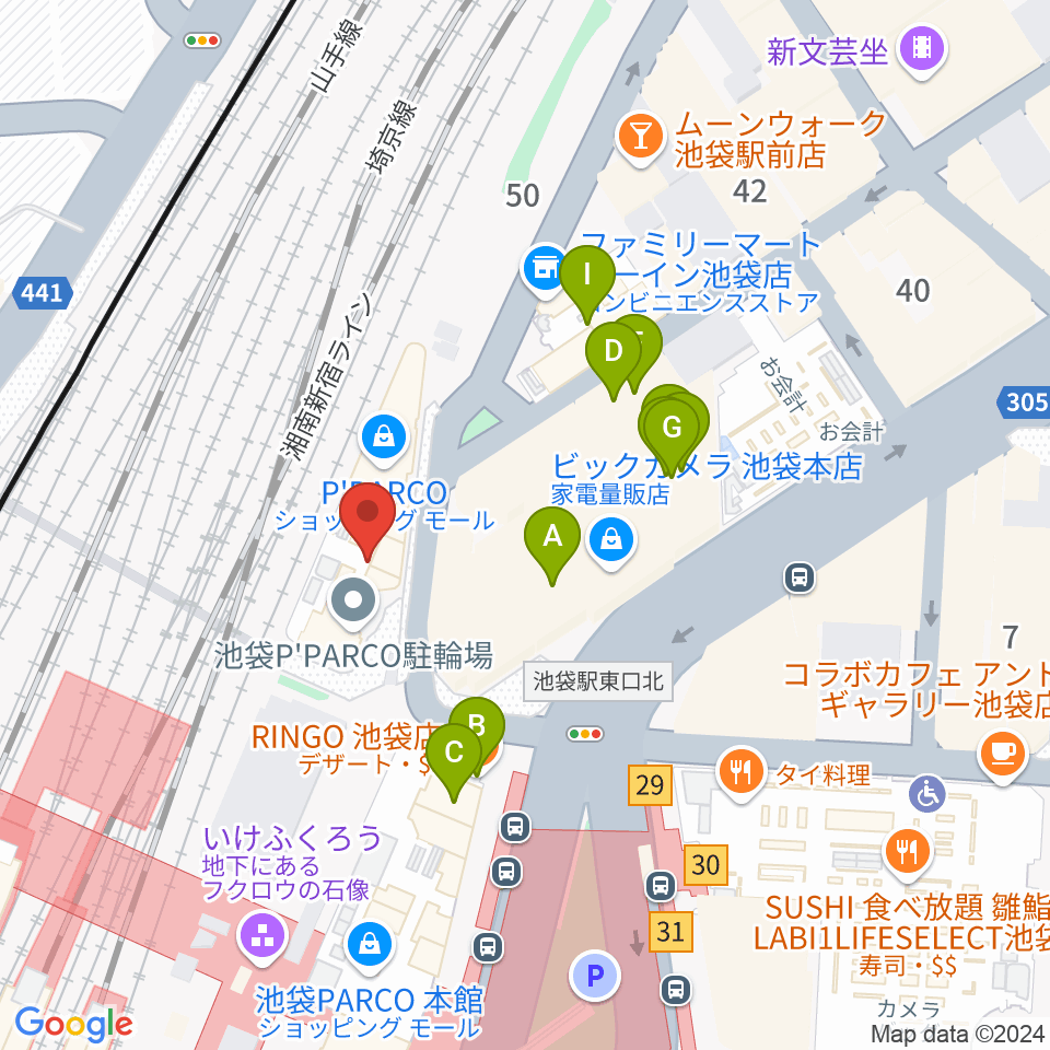 イシバシ楽器 池袋店周辺のファミレス・ファーストフード一覧地図