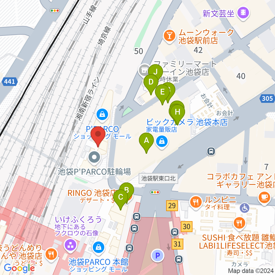 イシバシ楽器 池袋店周辺のファミレス・ファーストフード一覧地図