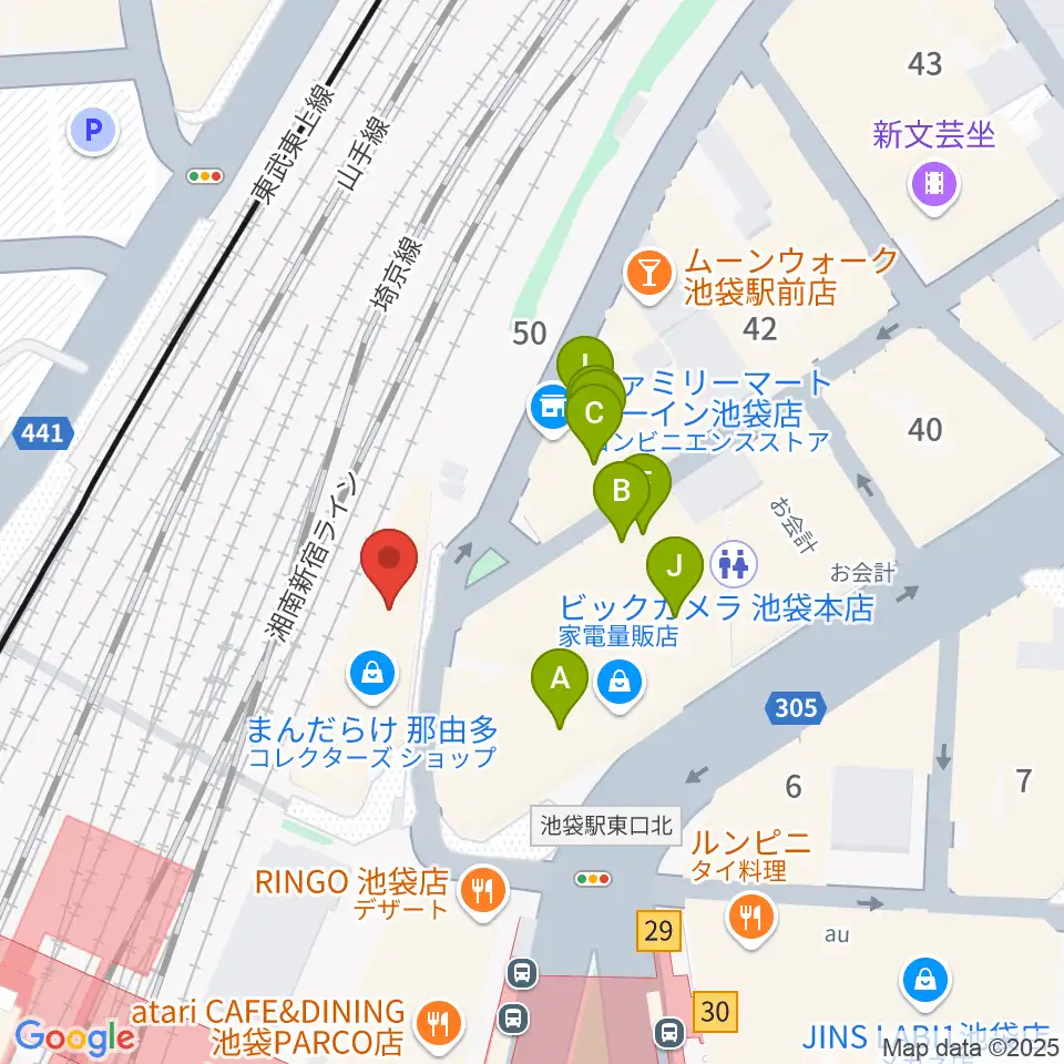 イシバシ楽器 池袋店周辺のファミレス・ファーストフード一覧地図