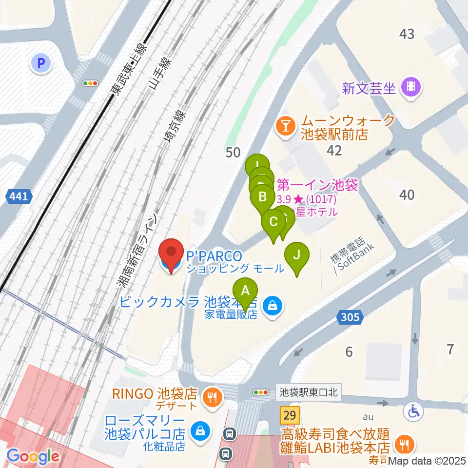 イシバシ楽器 池袋店周辺のファミレス・ファーストフード一覧地図
