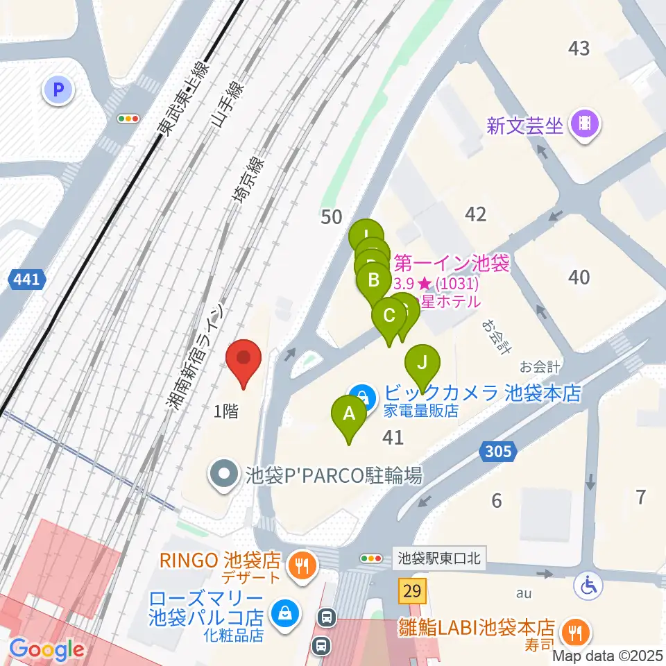 イシバシ楽器 池袋店周辺のファミレス・ファーストフード一覧地図