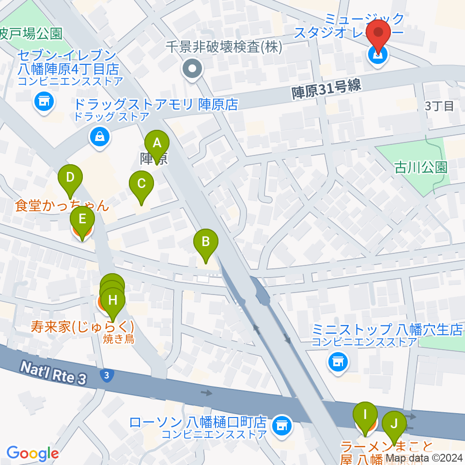 陣原LAZY周辺のファミレス・ファーストフード一覧地図