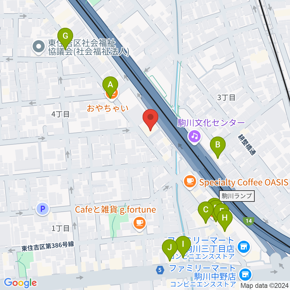 ナガイミュージックスタジオ周辺のファミレス・ファーストフード一覧地図