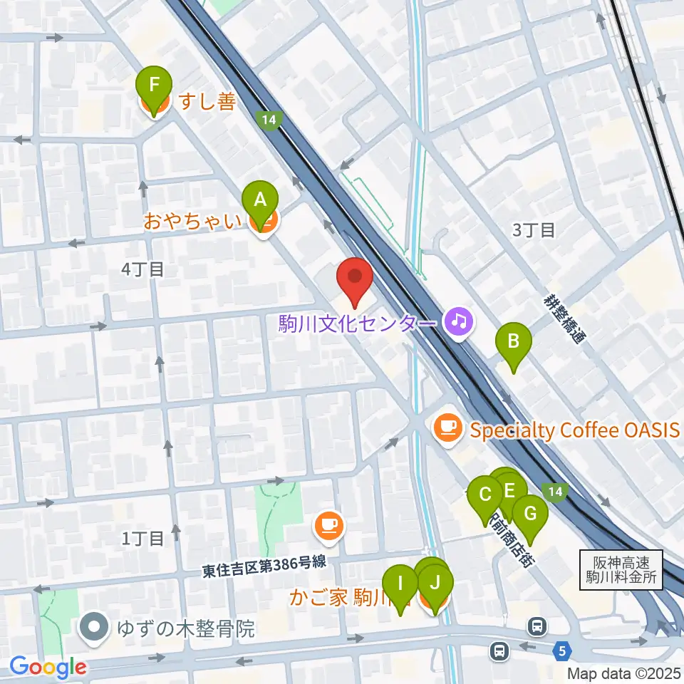 ナガイミュージックスタジオ周辺のファミレス・ファーストフード一覧地図