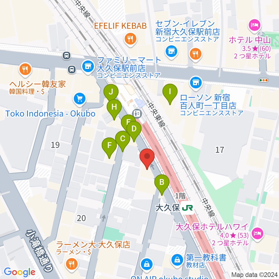 大久保スタジオM周辺のファミレス・ファーストフード一覧地図