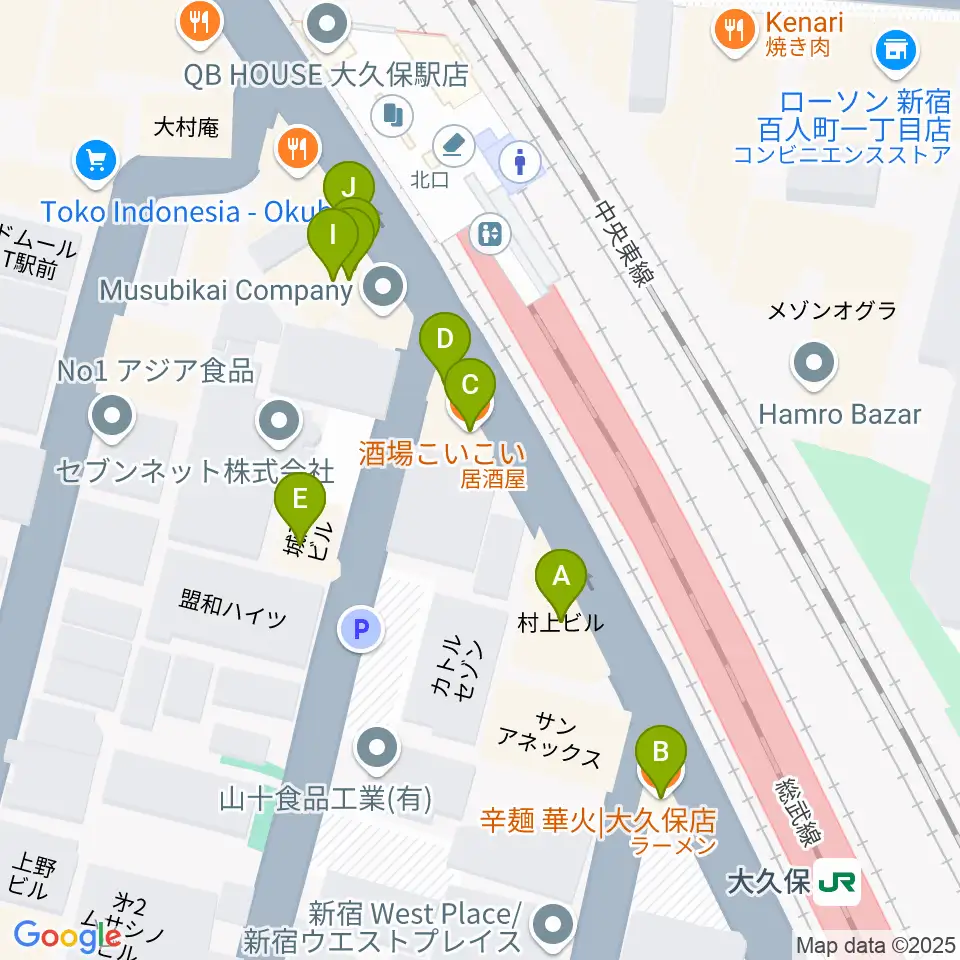 大久保スタジオM周辺のファミレス・ファーストフード一覧地図