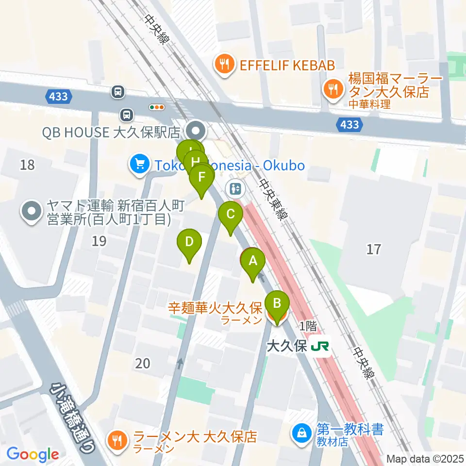 大久保スタジオM周辺のファミレス・ファーストフード一覧地図