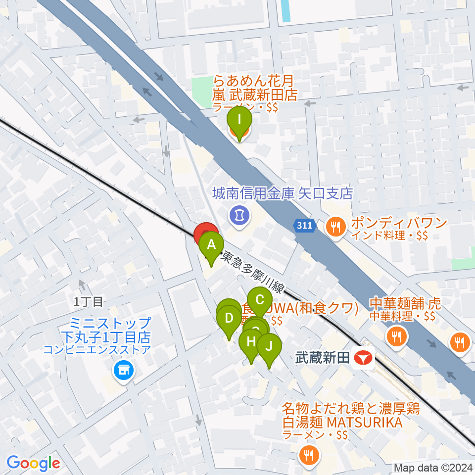 弦楽器専門店ケー・エム・アーツ周辺のファミレス・ファーストフード一覧地図