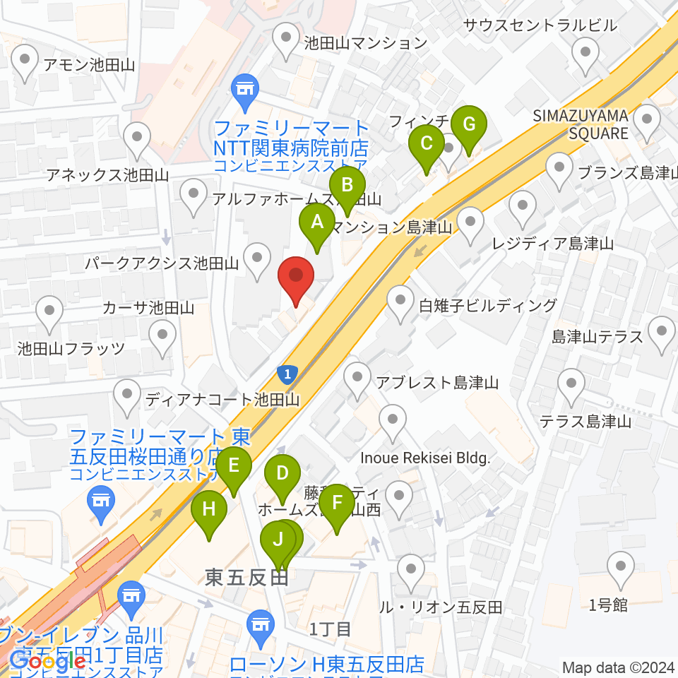 五反田ピアノ教室アルモニーア周辺のファミレス・ファーストフード一覧地図