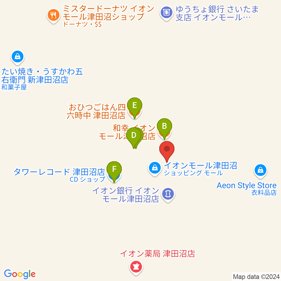 伊藤楽器 津田沼センター周辺のファミレス・ファーストフード一覧地図