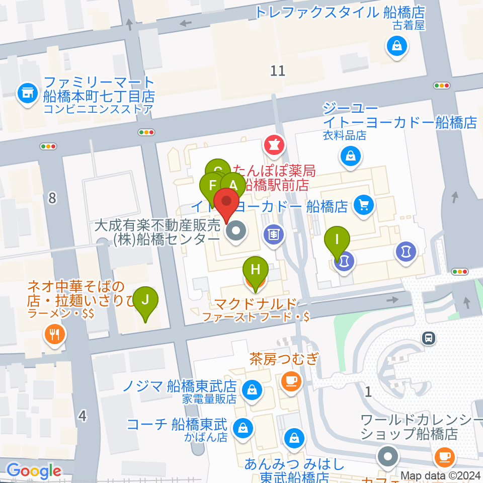 伊藤楽器 ヤマハ船橋センター周辺のファミレス・ファーストフード一覧地図