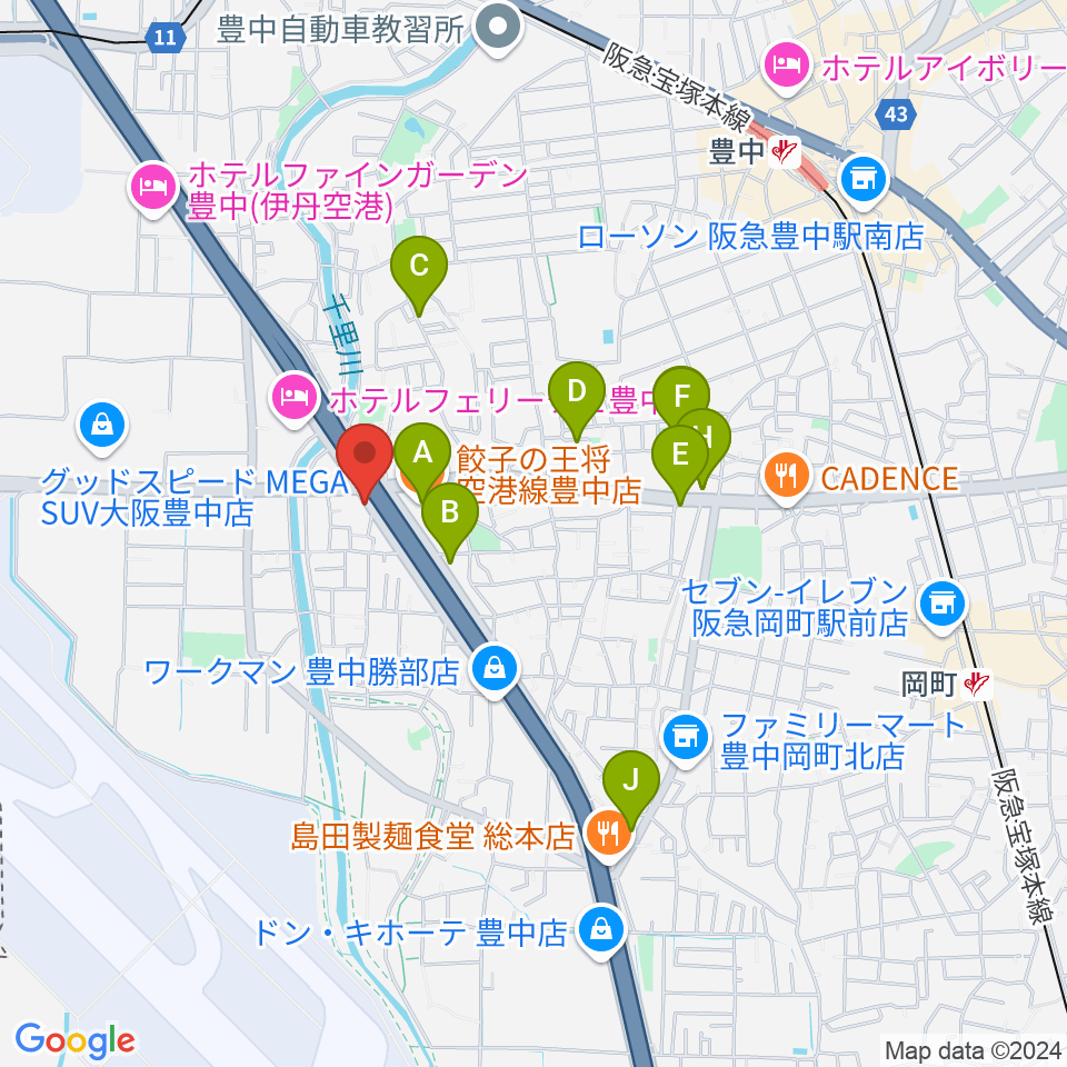 ギター工房トーンガレージ周辺のファミレス・ファーストフード一覧地図