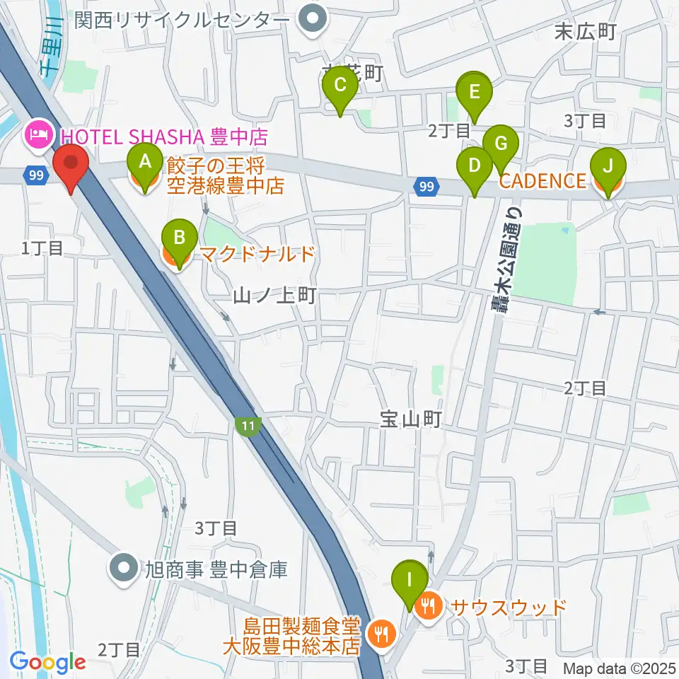ギター工房トーンガレージ周辺のファミレス・ファーストフード一覧地図