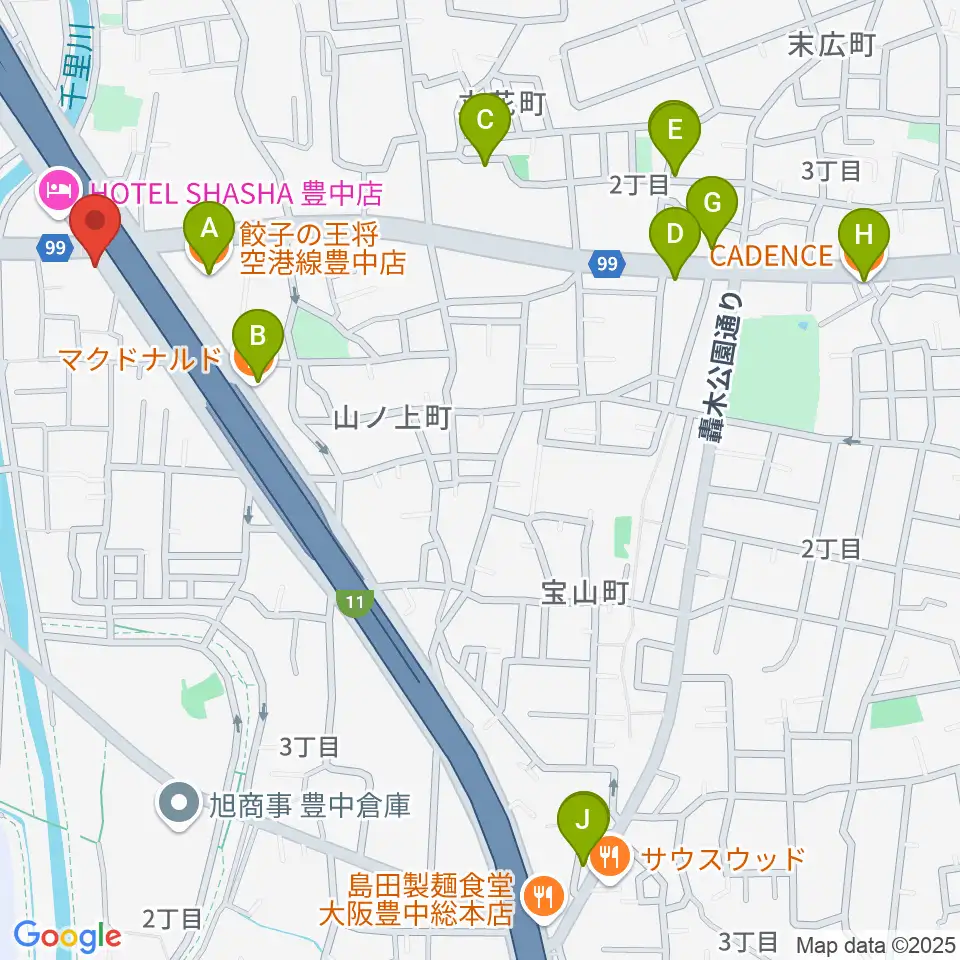 ギター工房トーンガレージ周辺のファミレス・ファーストフード一覧地図