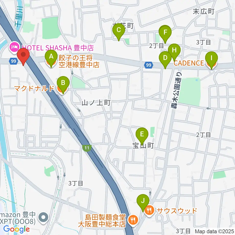 ギター工房トーンガレージ周辺のファミレス・ファーストフード一覧地図
