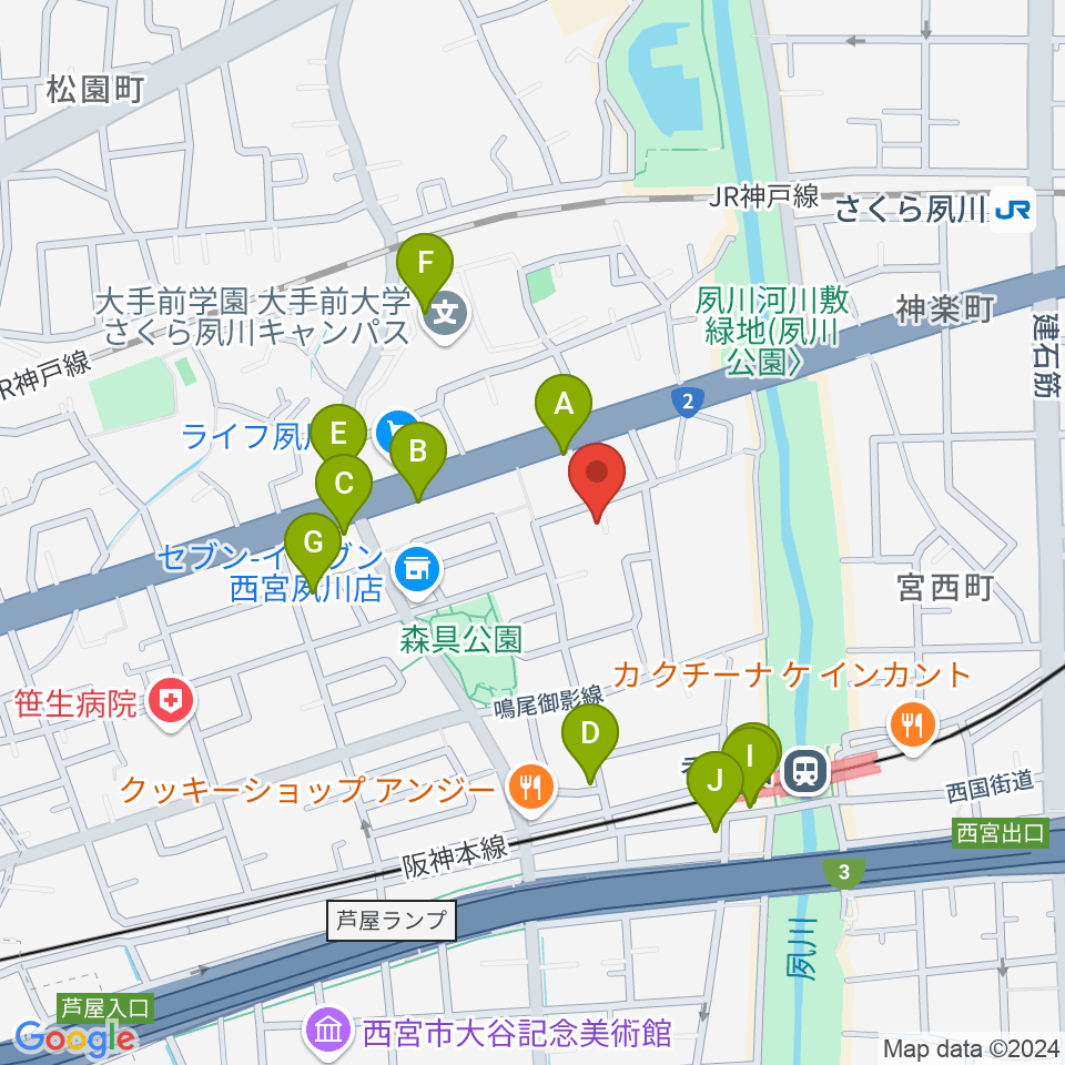 高木ピアノサービス周辺のファミレス・ファーストフード一覧地図