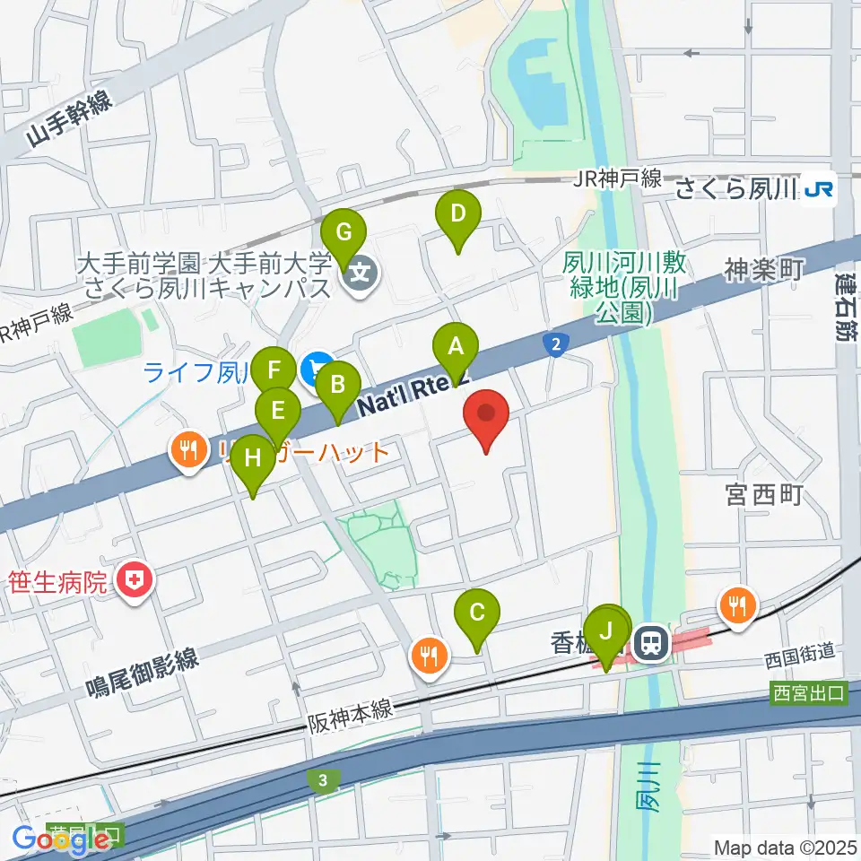 高木ピアノサービス周辺のファミレス・ファーストフード一覧地図