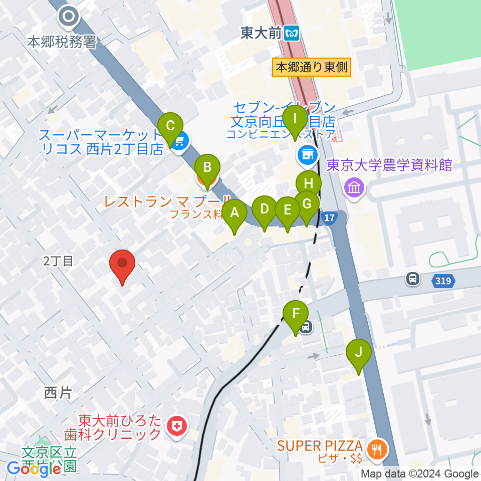 吉田真紀音楽教室周辺のファミレス・ファーストフード一覧地図