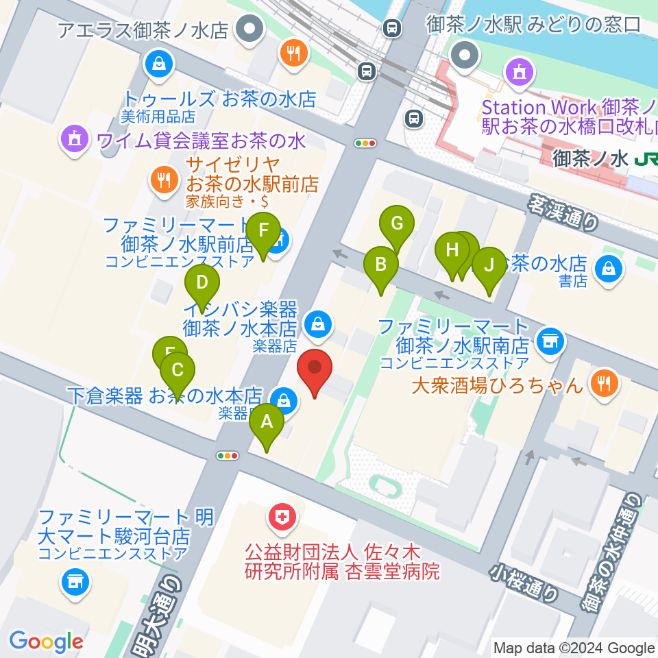 クロサワバイオリンお茶の水店周辺のファミレス・ファーストフード一覧地図