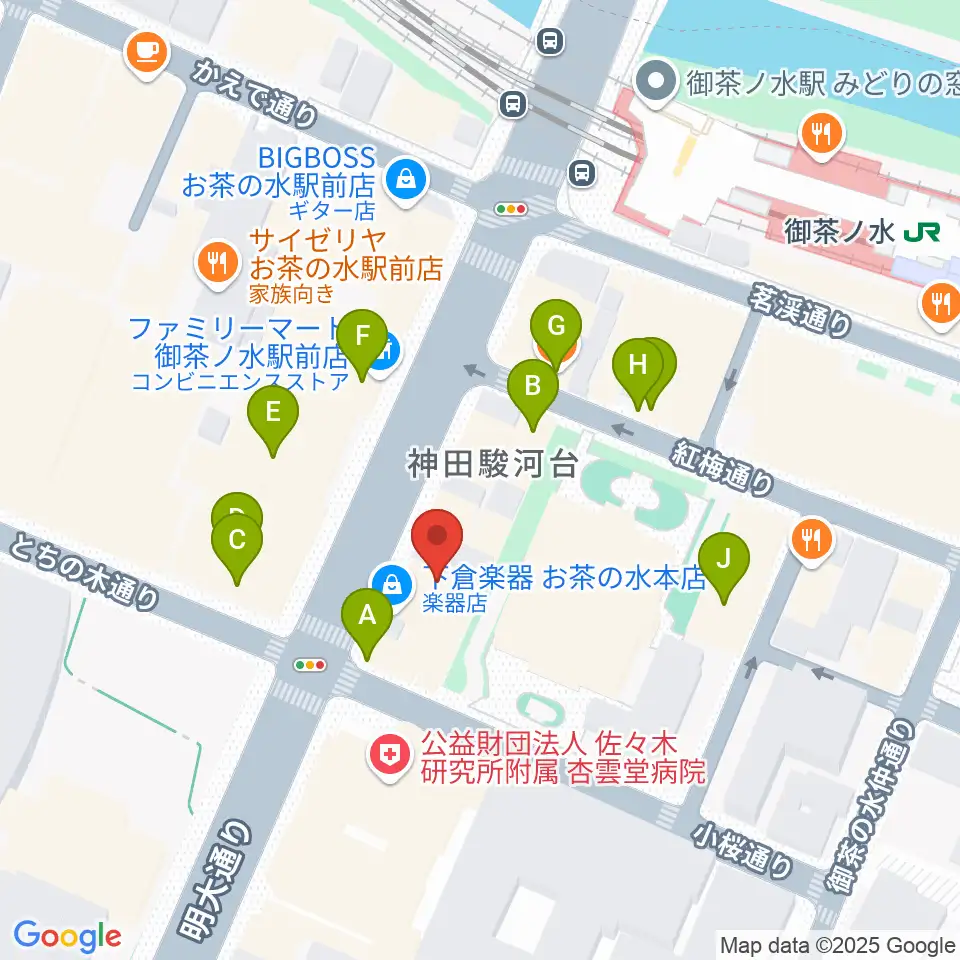 クロサワバイオリンお茶の水店周辺のファミレス・ファーストフード一覧地図