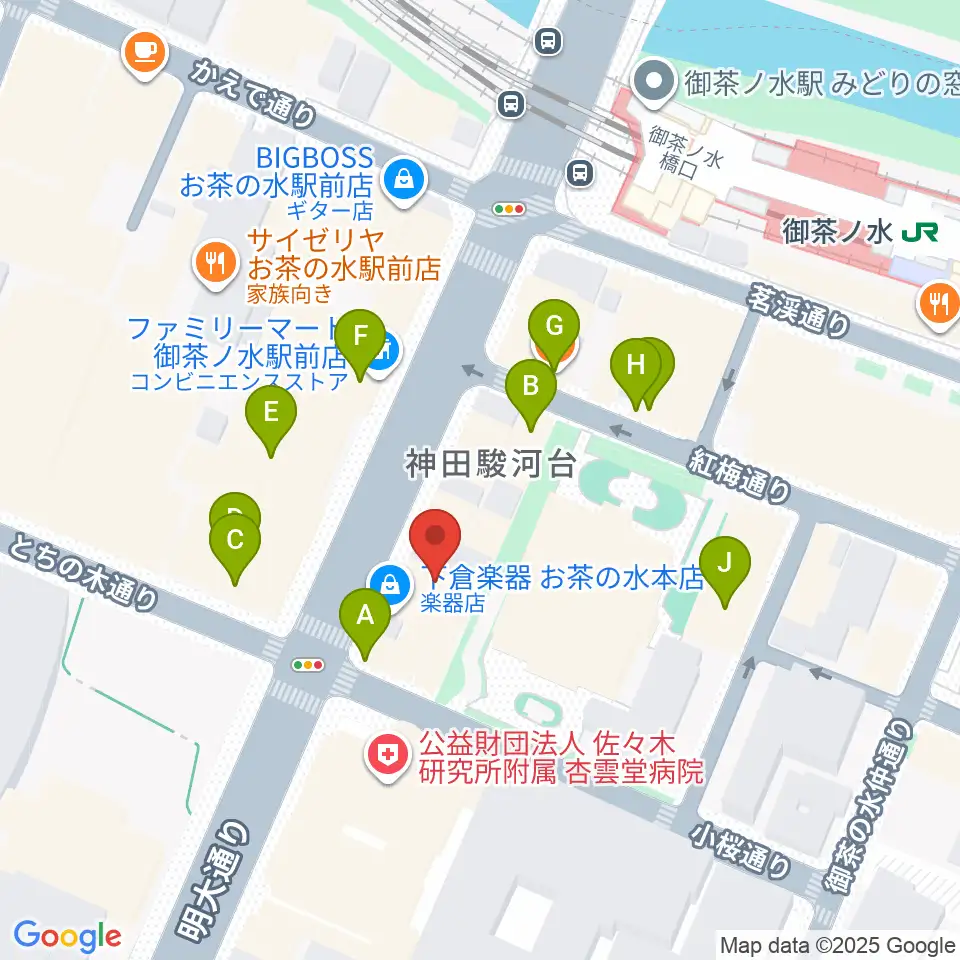 クロサワバイオリンお茶の水店周辺のファミレス・ファーストフード一覧地図