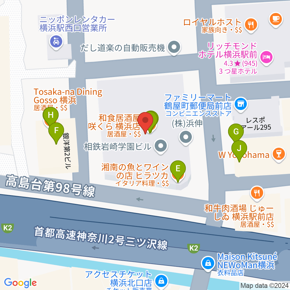 クロサワバイオリン横浜店周辺のファミレス・ファーストフード一覧地図