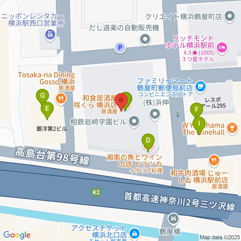 クロサワバイオリン横浜店周辺のファミレス・ファーストフード一覧地図