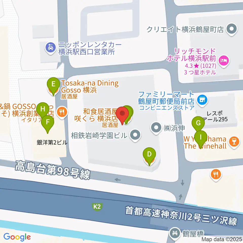 クロサワバイオリン横浜店周辺のファミレス・ファーストフード一覧地図