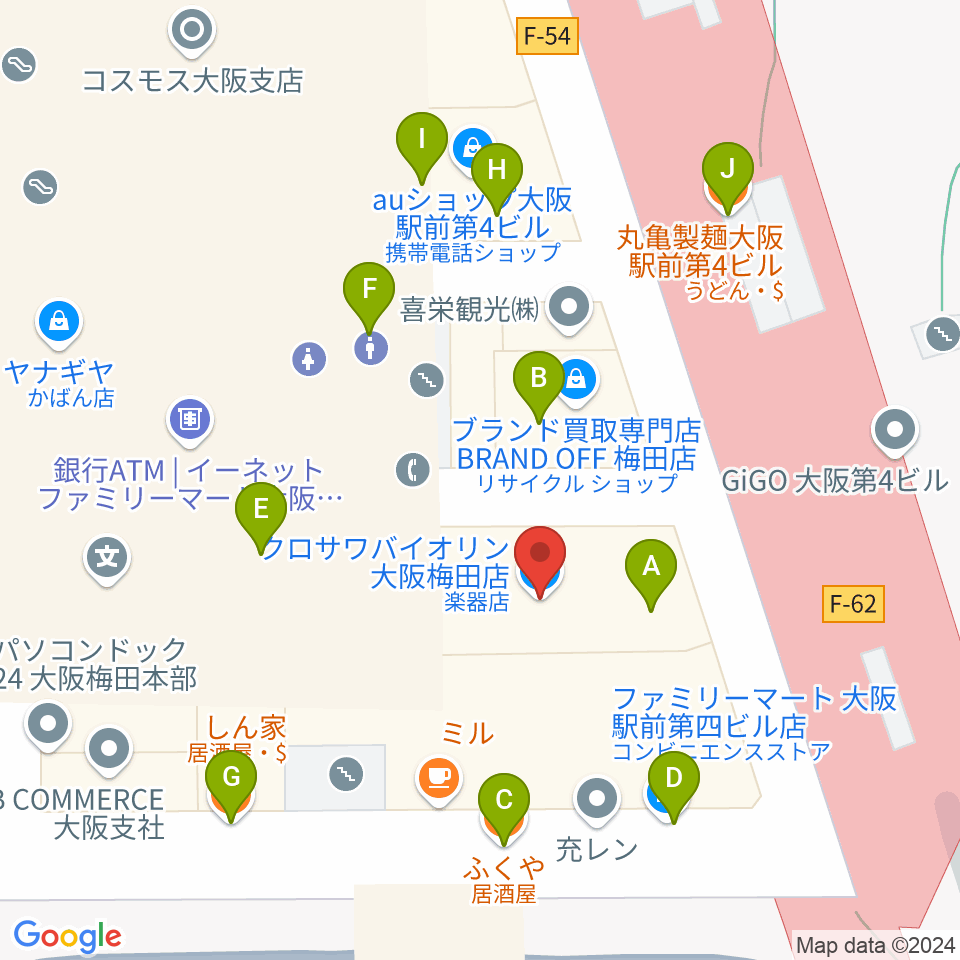 クロサワバイオリン大阪梅田店周辺のファミレス・ファーストフード一覧地図