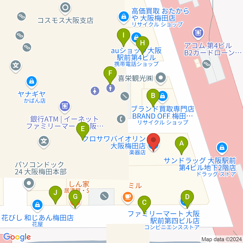 クロサワバイオリン大阪梅田店周辺のファミレス・ファーストフード一覧地図