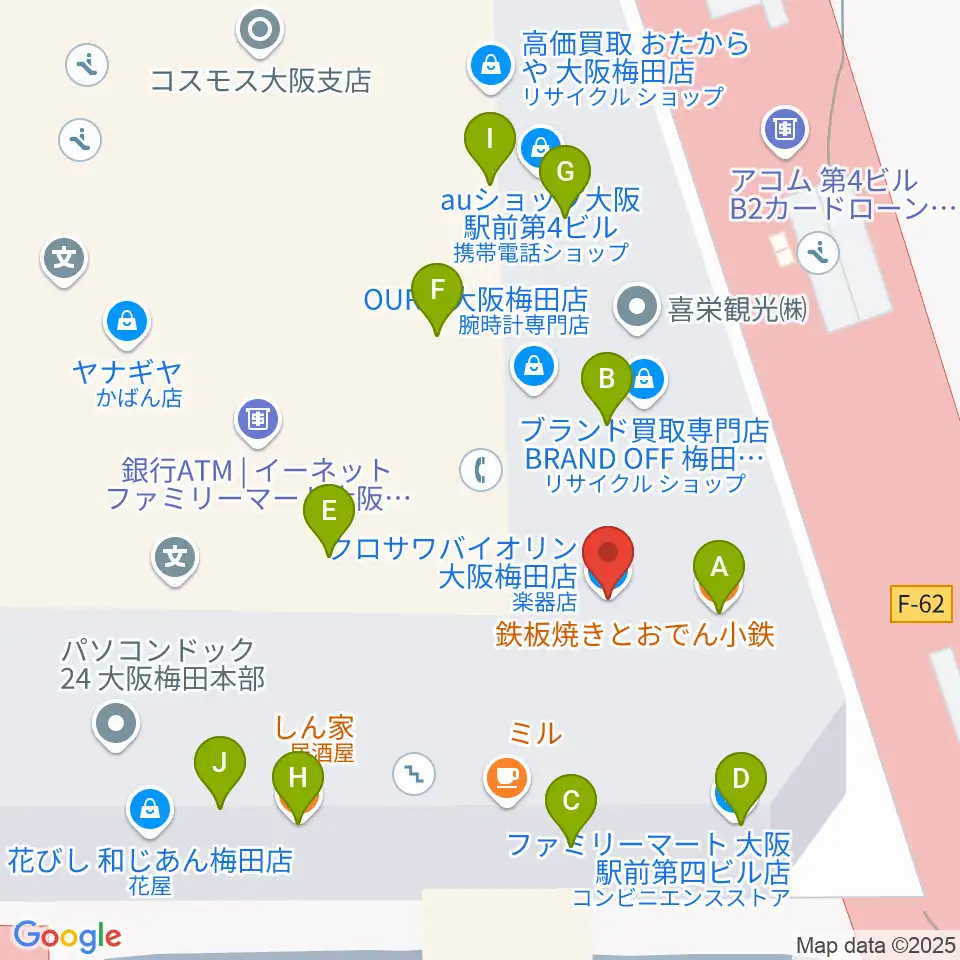 クロサワバイオリン大阪梅田店周辺のファミレス・ファーストフード一覧地図