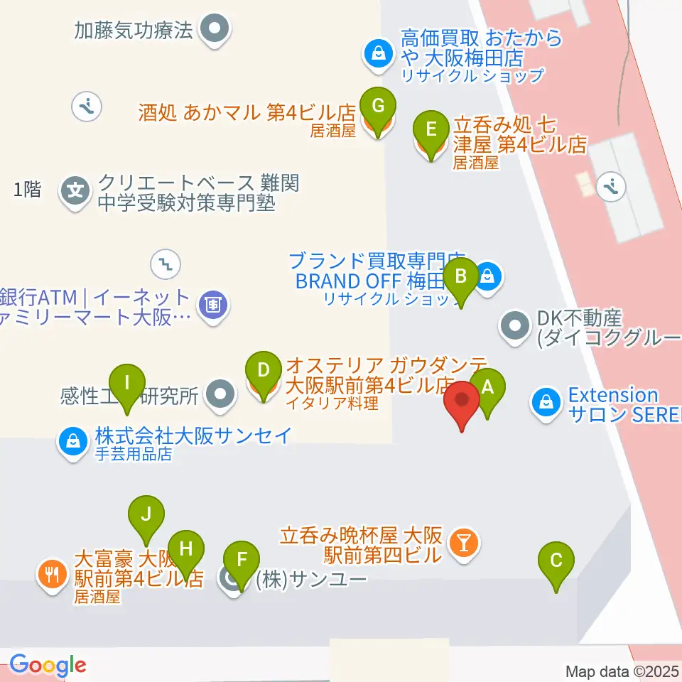 クロサワバイオリン大阪梅田店周辺のファミレス・ファーストフード一覧地図