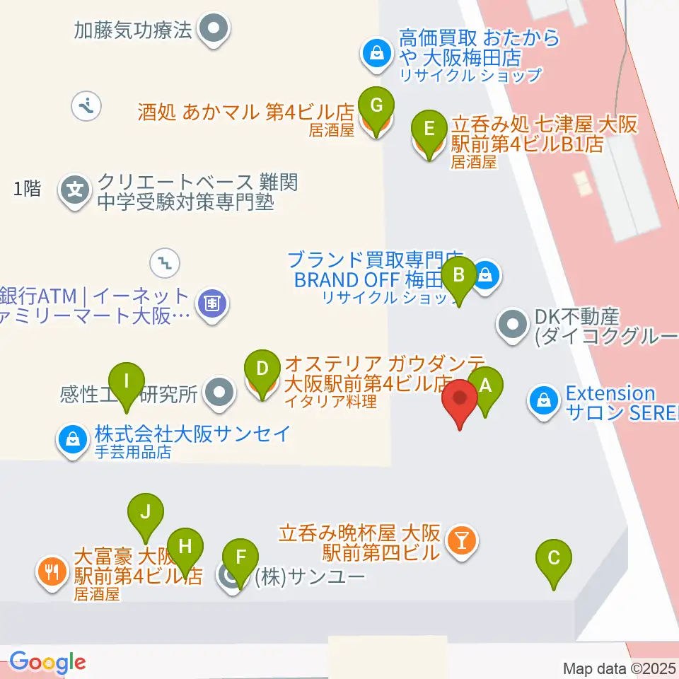クロサワバイオリン大阪梅田店周辺のファミレス・ファーストフード一覧地図