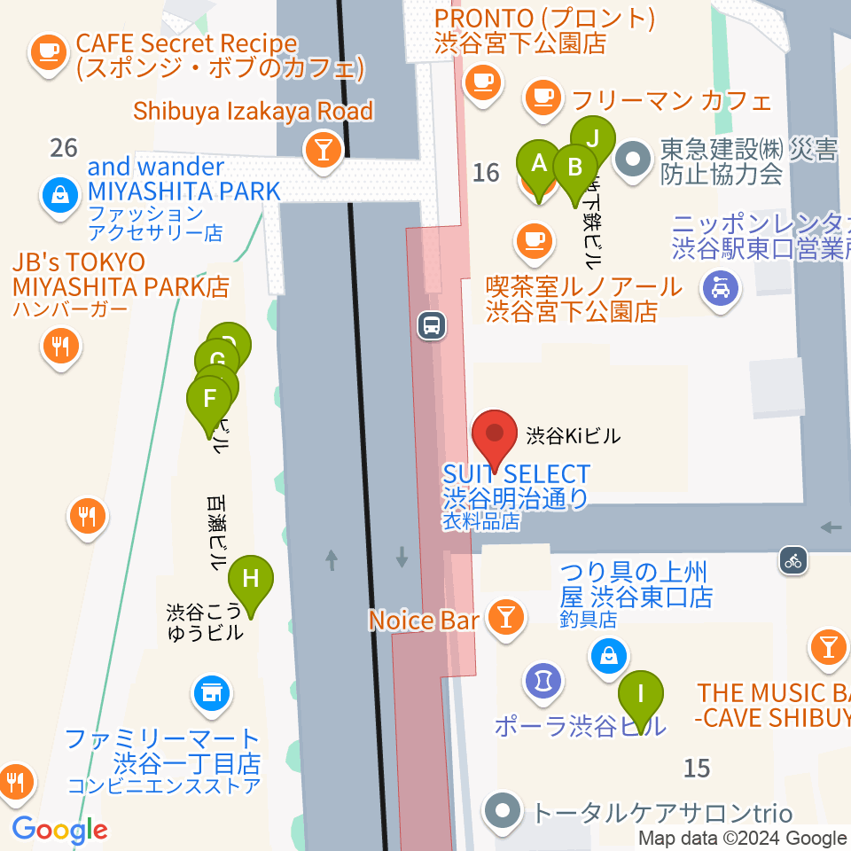 クロサワバイオリン渋谷本店周辺のファミレス・ファーストフード一覧地図