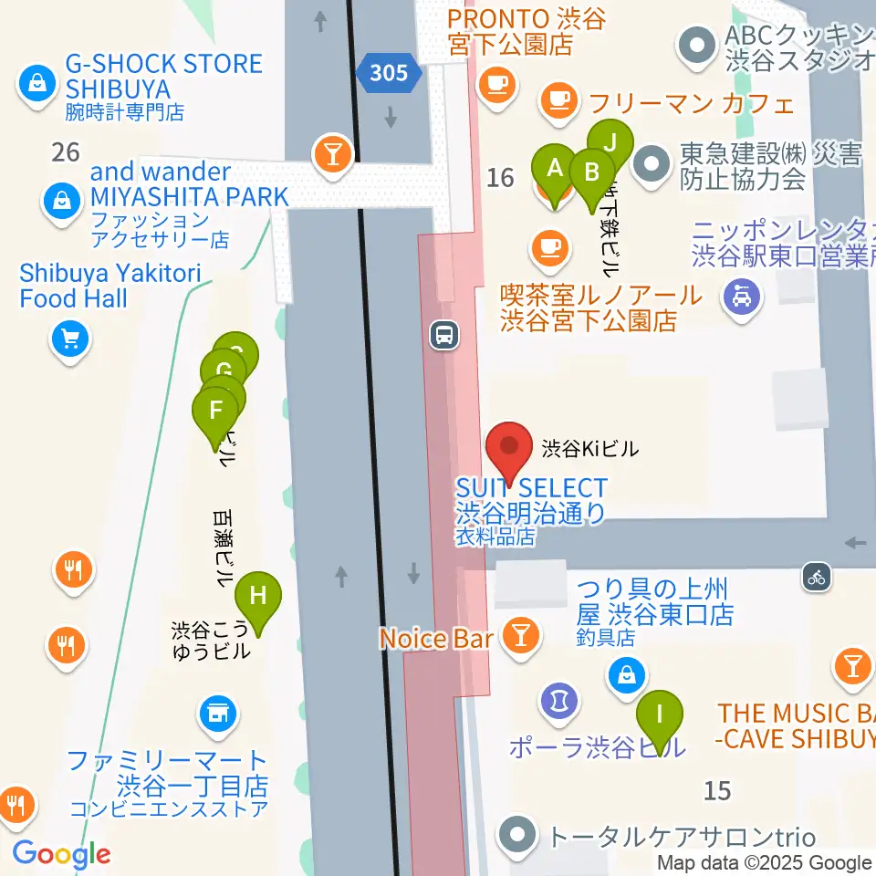 クロサワバイオリン渋谷本店周辺のファミレス・ファーストフード一覧地図