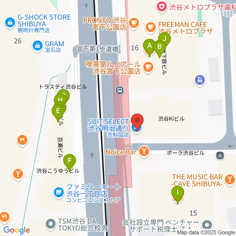 クロサワバイオリン渋谷本店周辺のファミレス・ファーストフード一覧地図