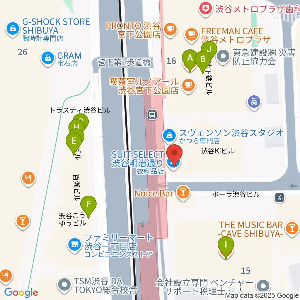 クロサワバイオリン渋谷本店周辺のファミレス・ファーストフード一覧地図