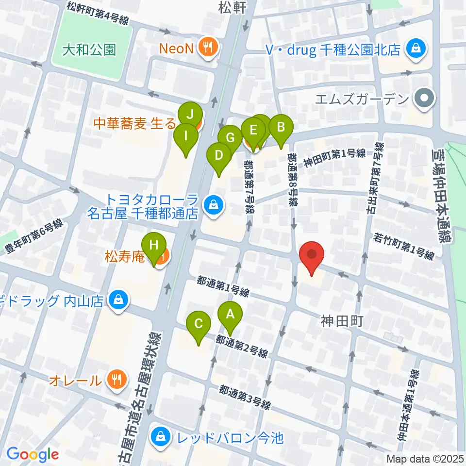 アリアギター・ショールーム周辺のファミレス・ファーストフード一覧地図