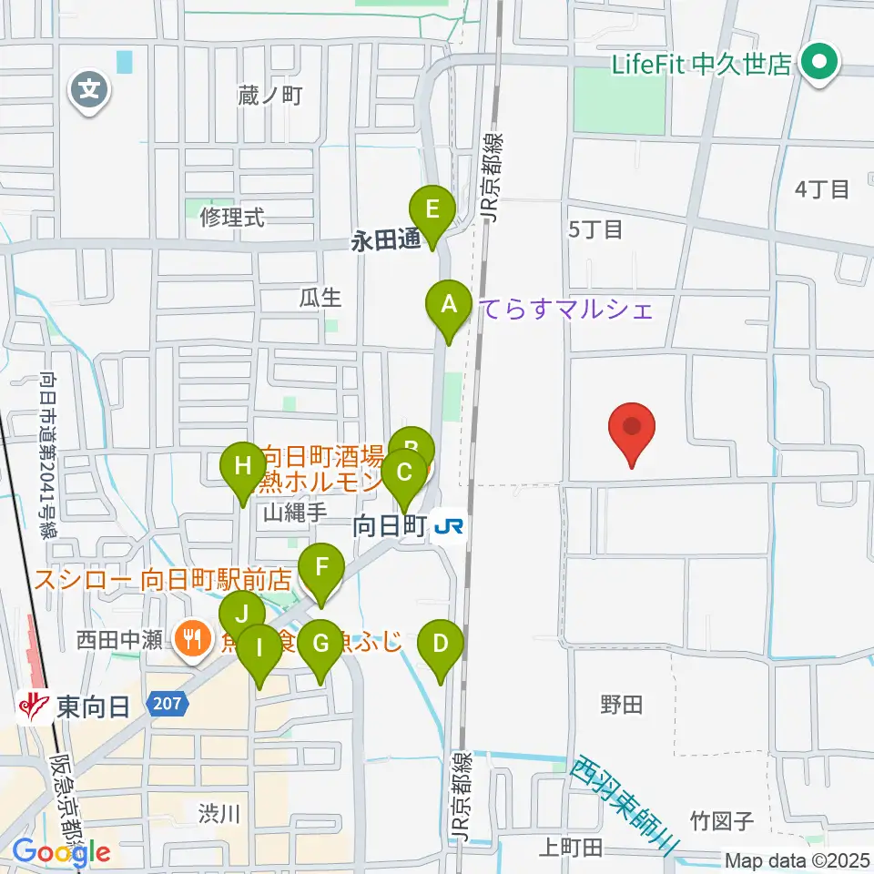 占部弦楽器製作所周辺のファミレス・ファーストフード一覧地図