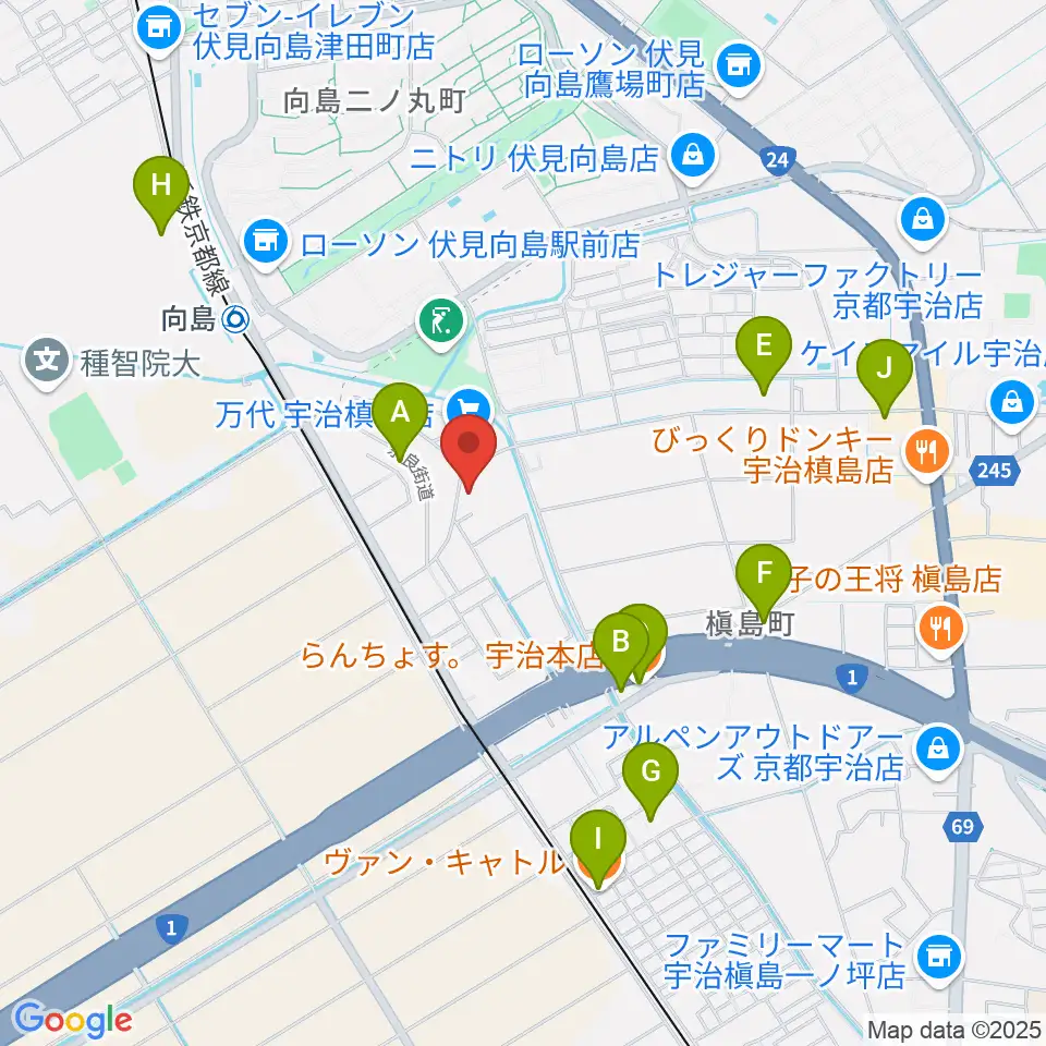 ヒガシ絃楽器製作所 オリエンテ周辺のファミレス・ファーストフード一覧地図