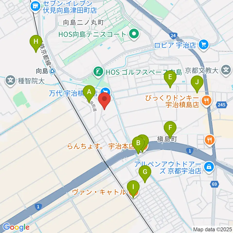 ヒガシ絃楽器製作所 オリエンテ周辺のファミレス・ファーストフード一覧地図