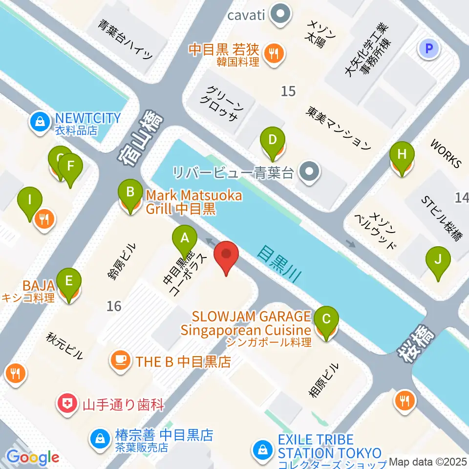 中目黒弦楽器周辺のファミレス・ファーストフード一覧地図